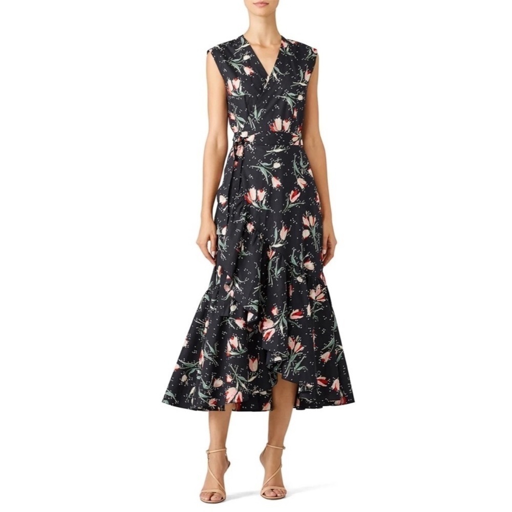 Rebecca Taylor Ikat Tulip Wrap Dress Tie Waist Black Floral Poplin Ruffles Sz 12